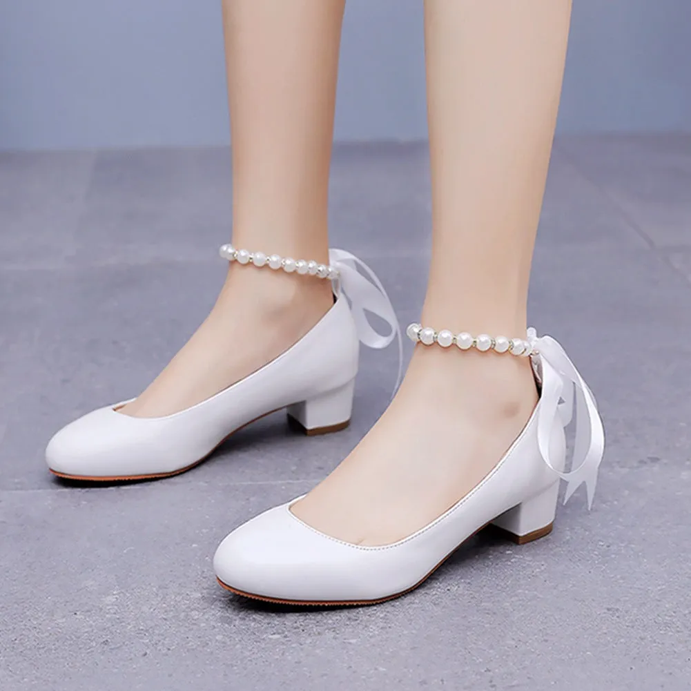 Beaded Ribbons Chunky Heels Round Toe Wedding Shoes