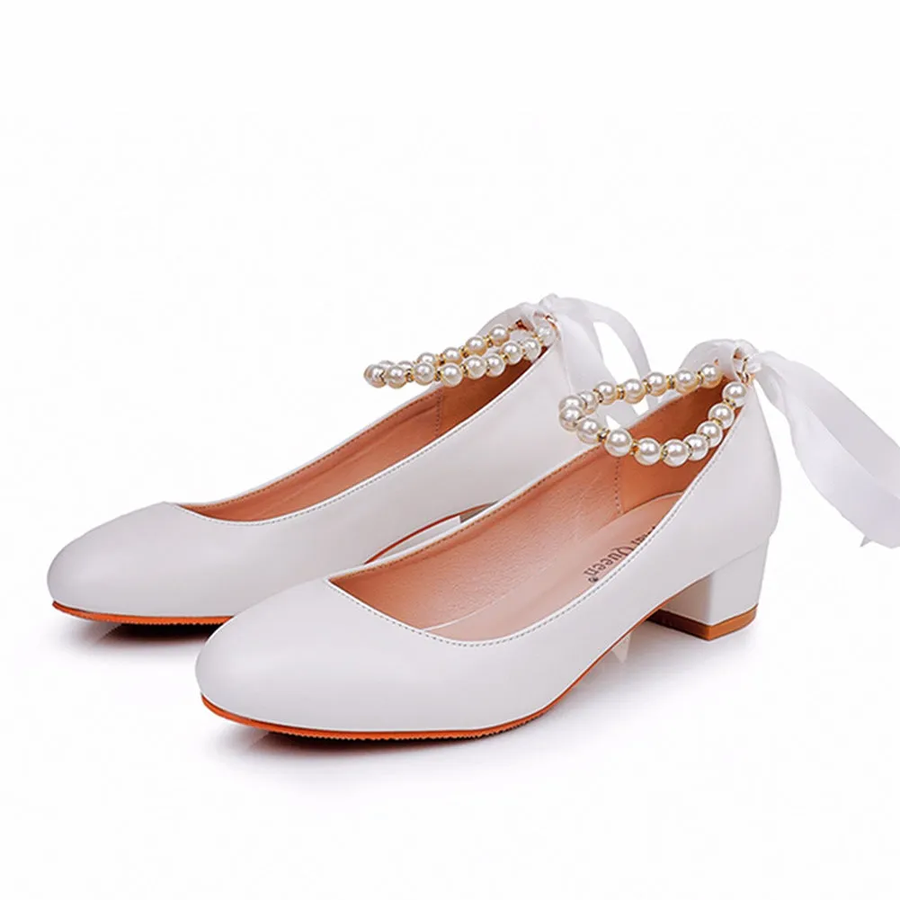 Beaded Ribbons Chunky Heels Round Toe Wedding Shoes