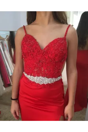 Beaded Spaghetti Straps Sweetheart Neckline Rhinestones Sash Red Prom Dresses,JL20046