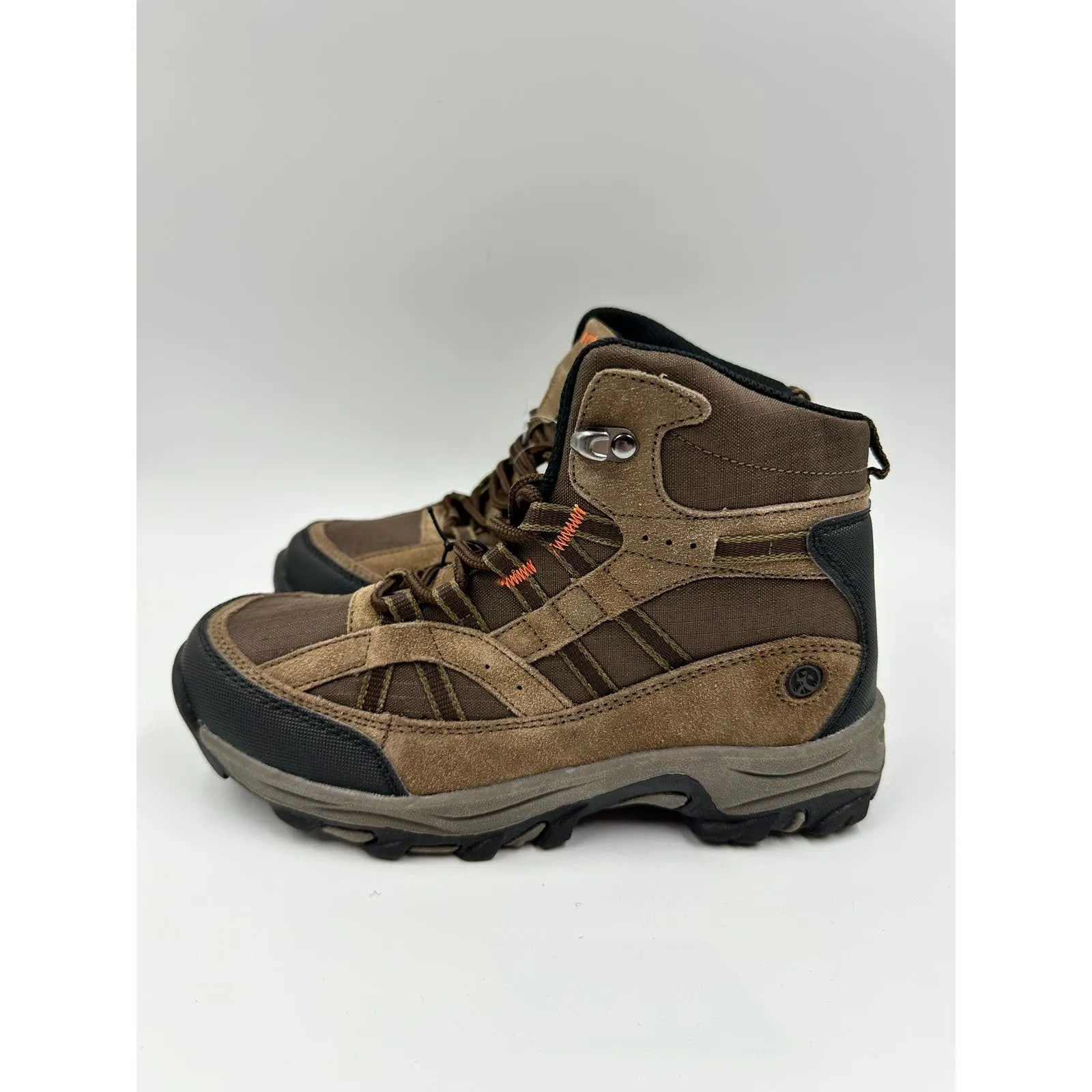 Big Kid Size 4, High Top Brown Hikers w/ Black & Suede Accents, Rubber Toe Caps