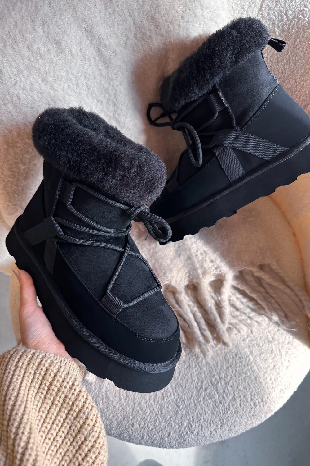 Black Chunky Ankle Snow Winter Biker Boots with Lace Detail