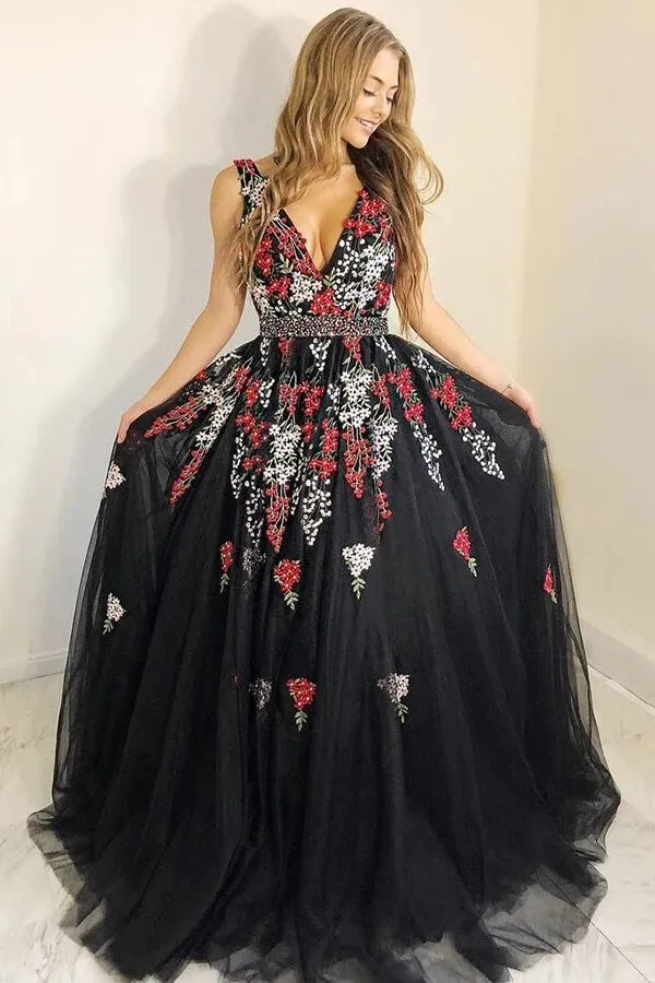 Black Floral Embroidery V-Neck Beaded Long Prom Dresses With Appliques