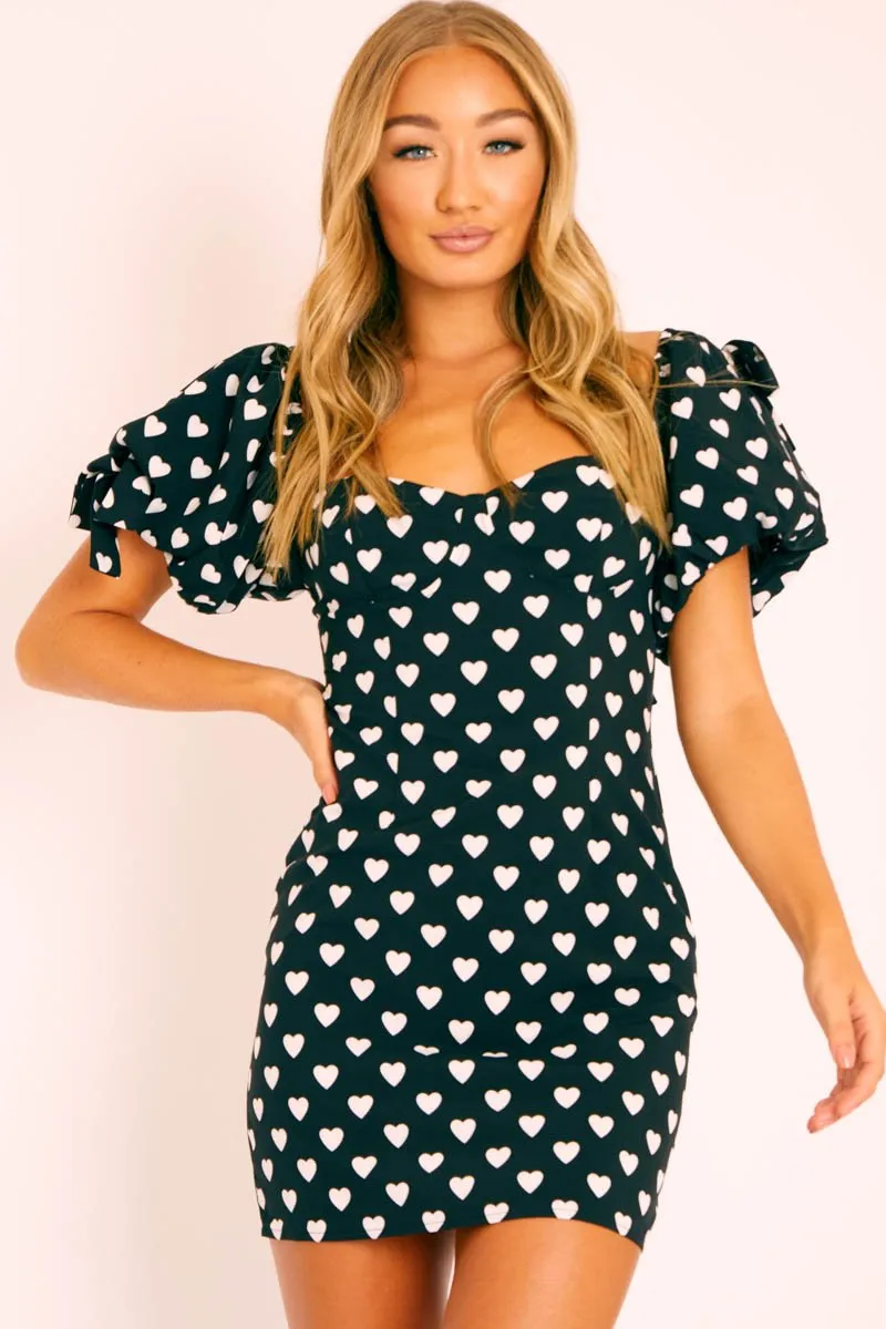 Black Heart Print Cup Detail Mini Dress - Malaya