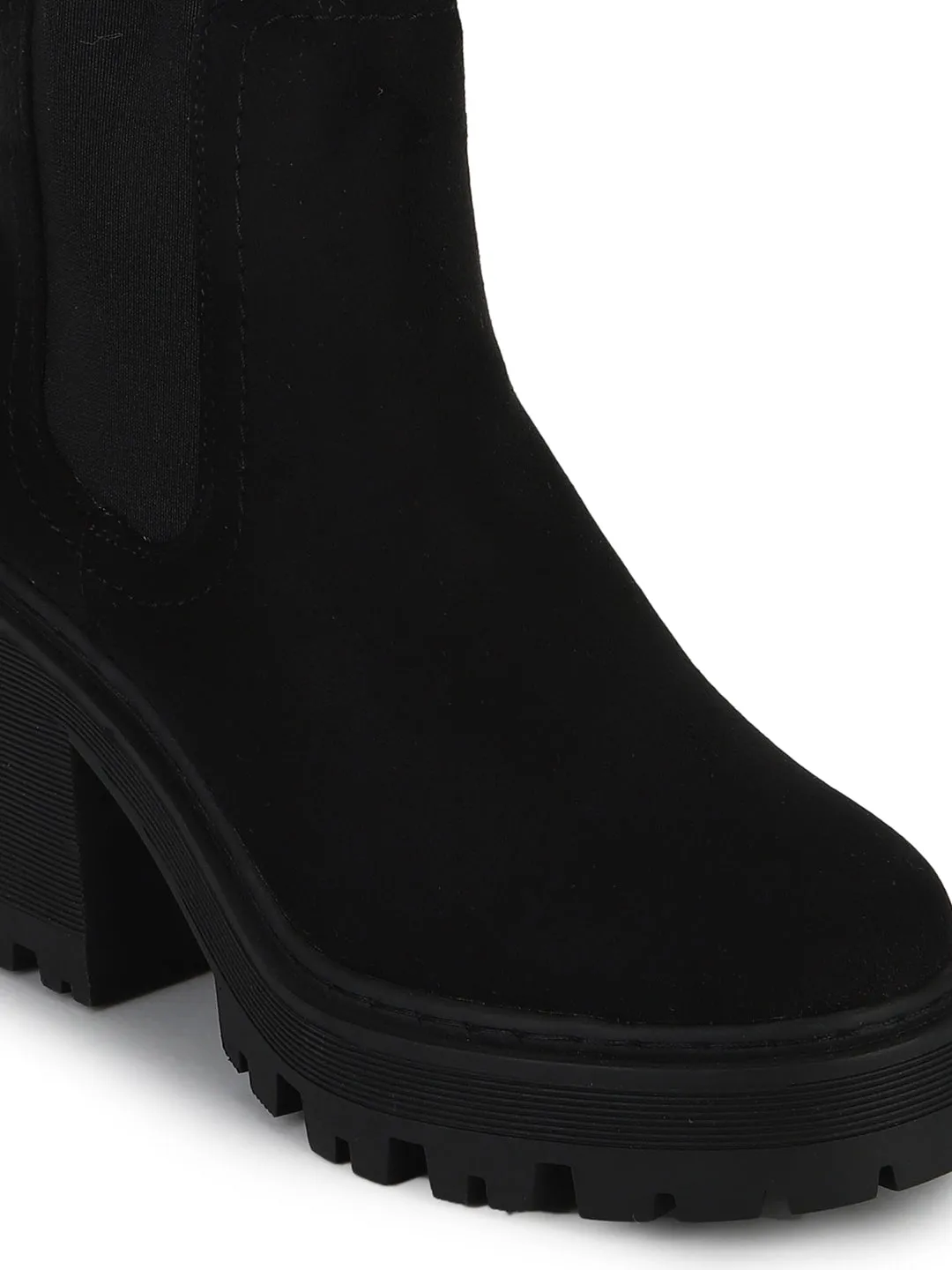 Black Micro Cleated Platform Low Block Heel Ankle Boots