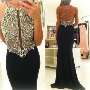 black prom dress, long prom Dress, beaded evening dress, open back prom dresses, evening dresses, BD351