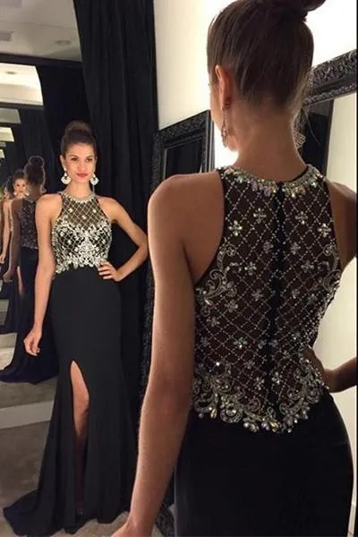 black prom dress, long prom dress, formal prom dress, charming prom dress, beaded evening gown, BD278