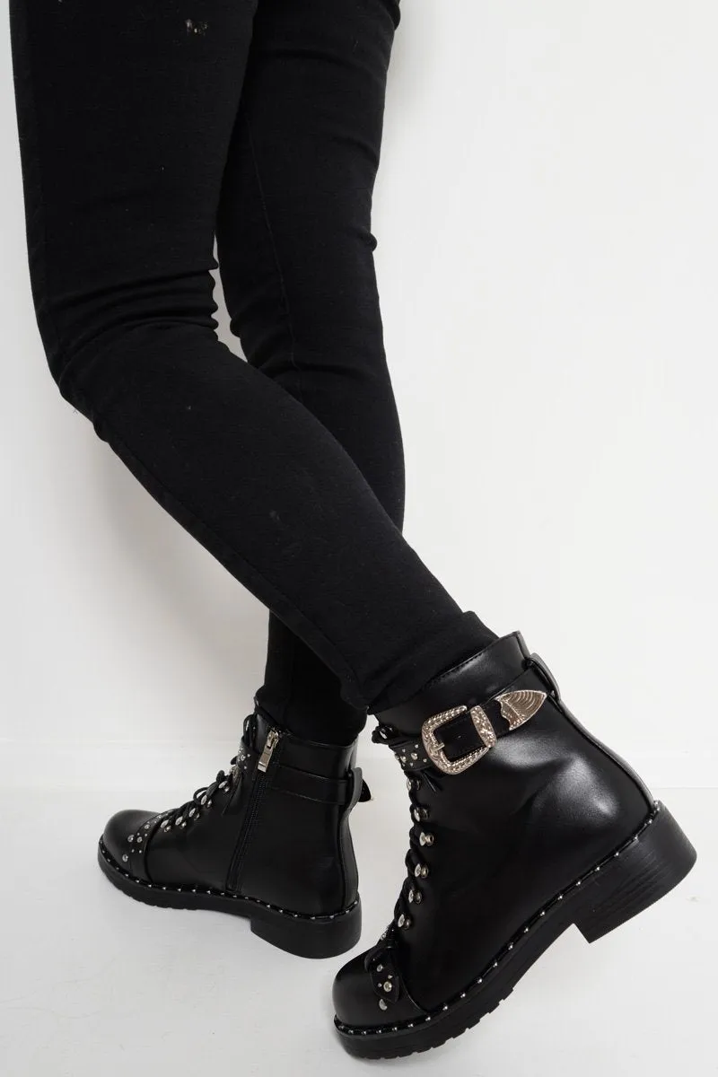 Black PU Studded Biker Boots - Bailee