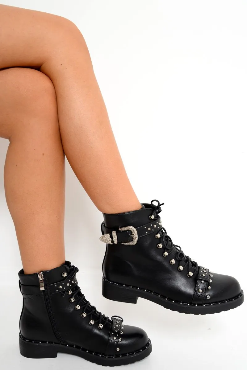 Black PU Studded Biker Boots - Bailee