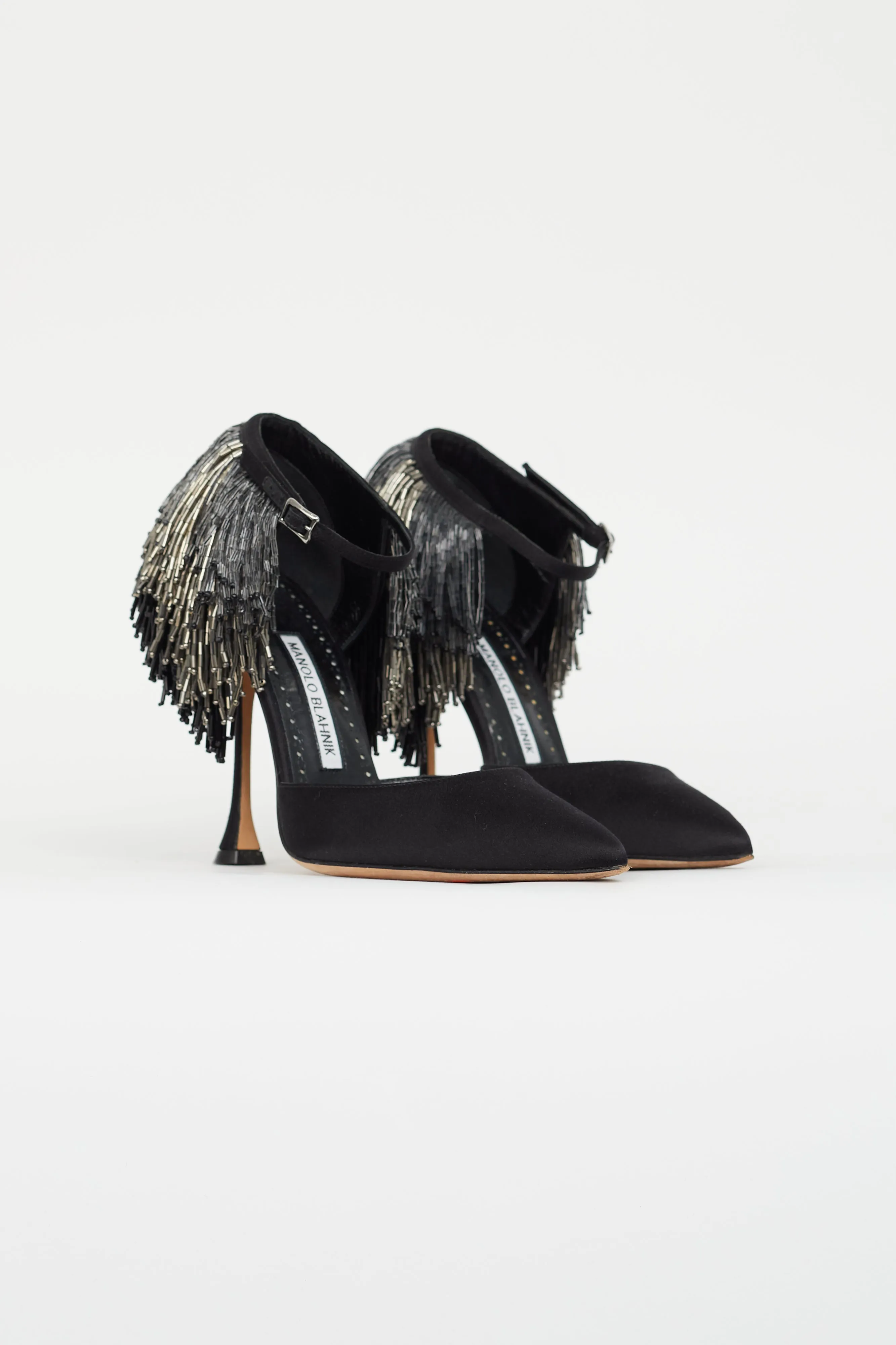 Black Satin Beaded Fringe Heel