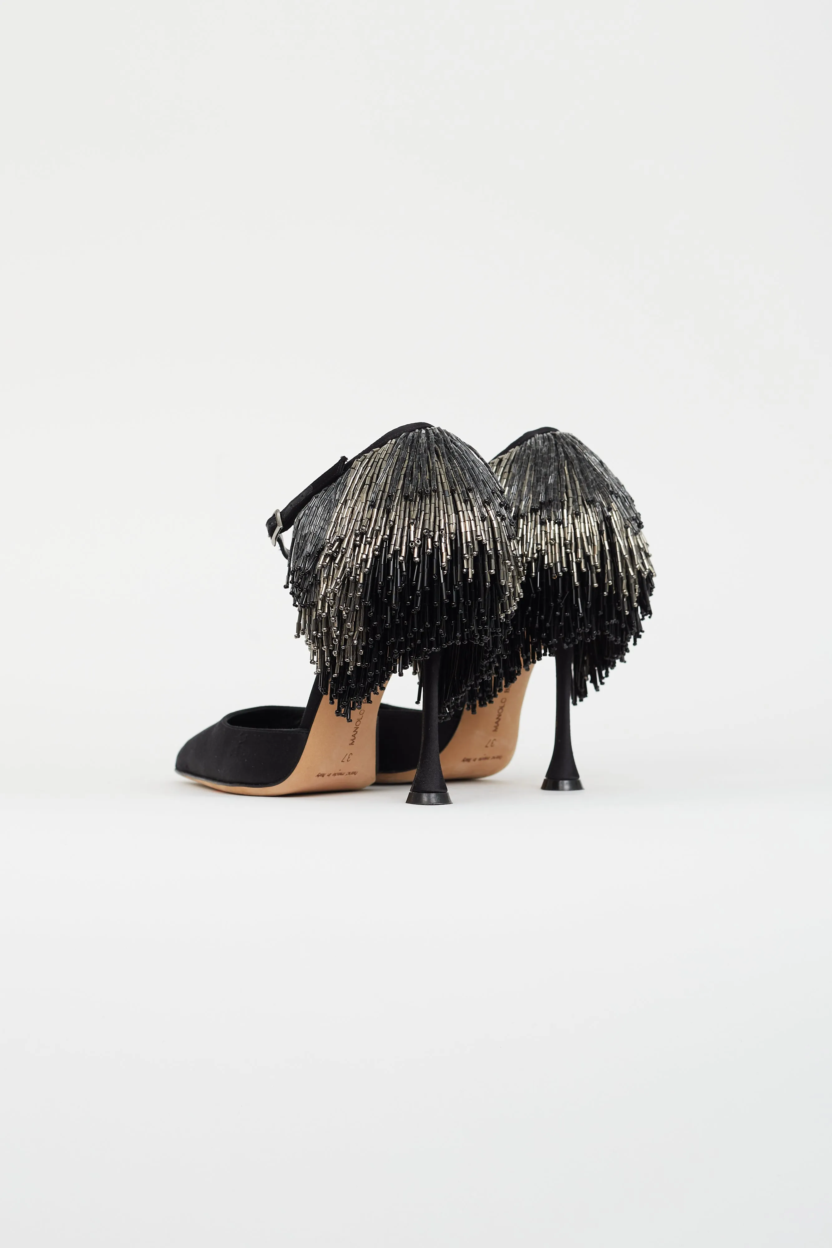 Black Satin Beaded Fringe Heel