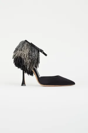 Black Satin Beaded Fringe Heel