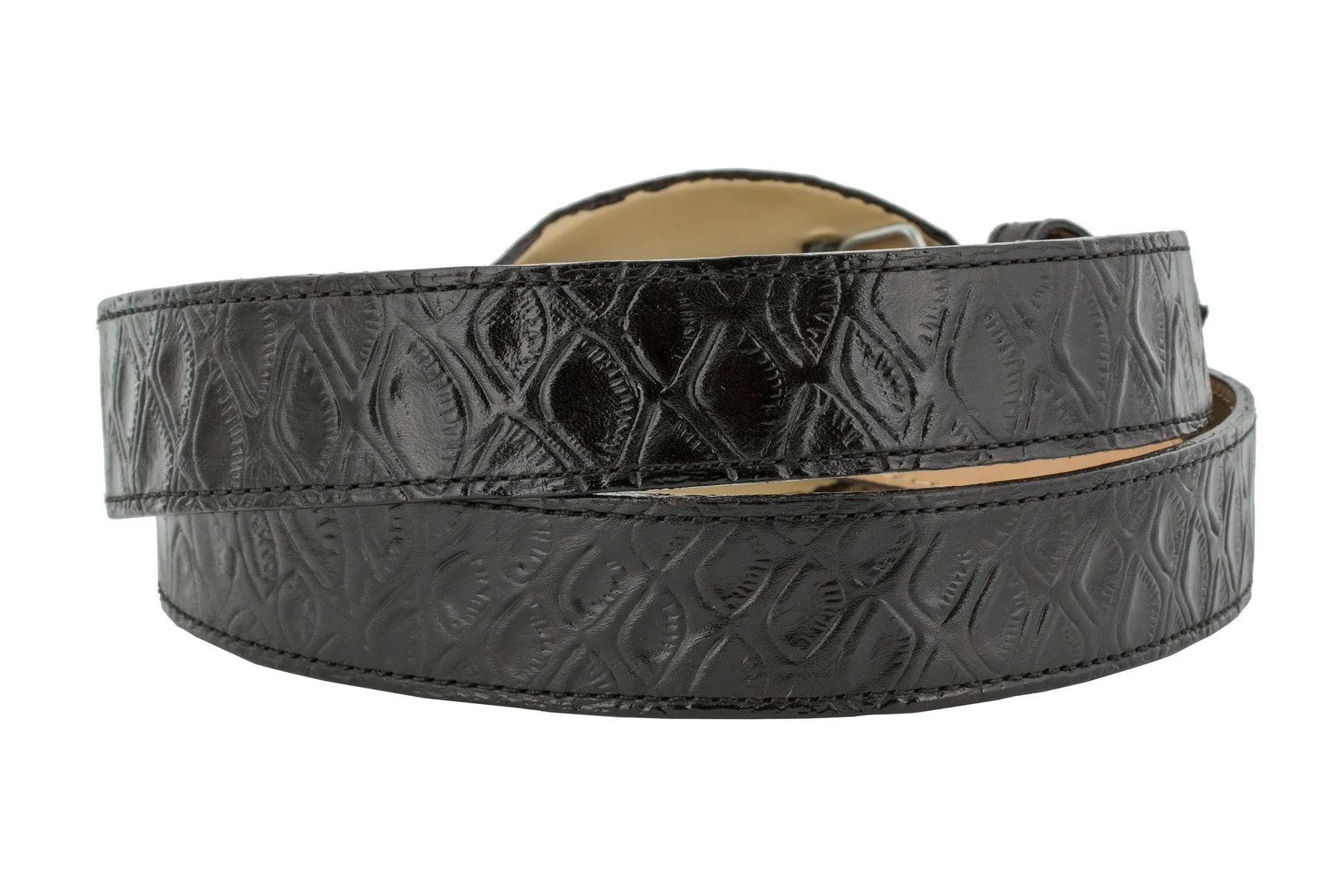 Black Western Cowboy Belt Anteater Print Leather - Rodeo Buckle