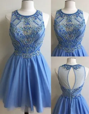 blue homecoming dress, short prom dress, beaded homecoming dress, homecoming dress, BD39004