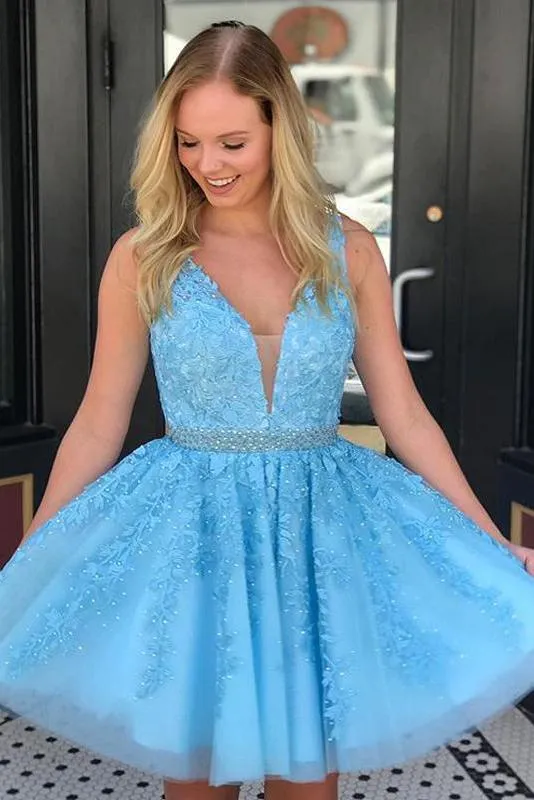 Blue Lace Beaded Sash Sleeveless A Line Sleeveless Tulle Short Homecoming Dresses UQ1827