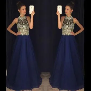 blue prom dress, long prom dress, beaded prom dress, charming evening dress, luxury prom dress, BD411