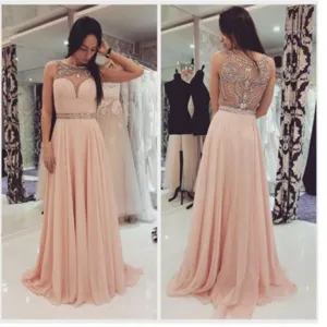 blush pink chiffon long beaded prom dress, charming evening dress, PD4116