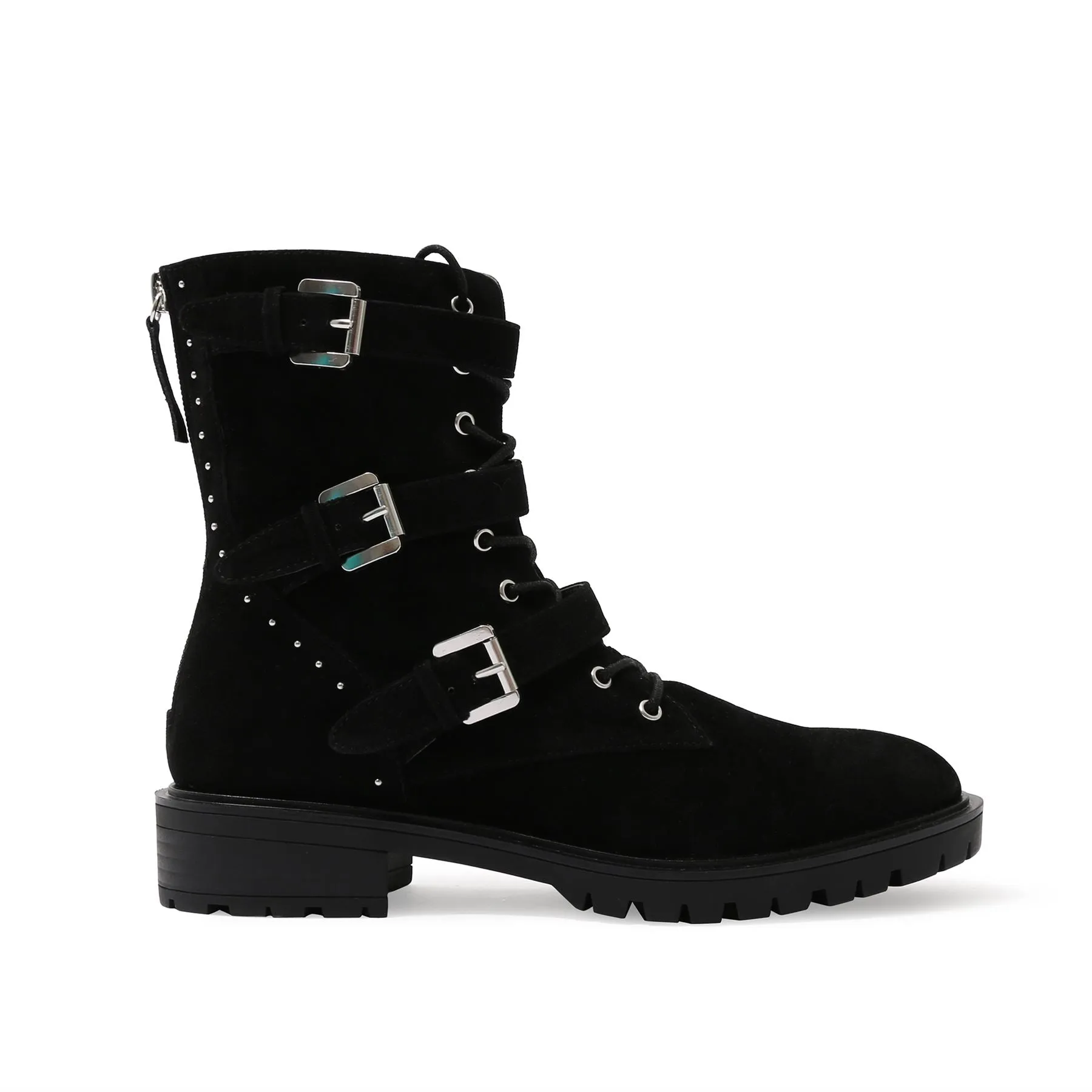 Bramble Buckled Biker Boots in Black Faux Suede