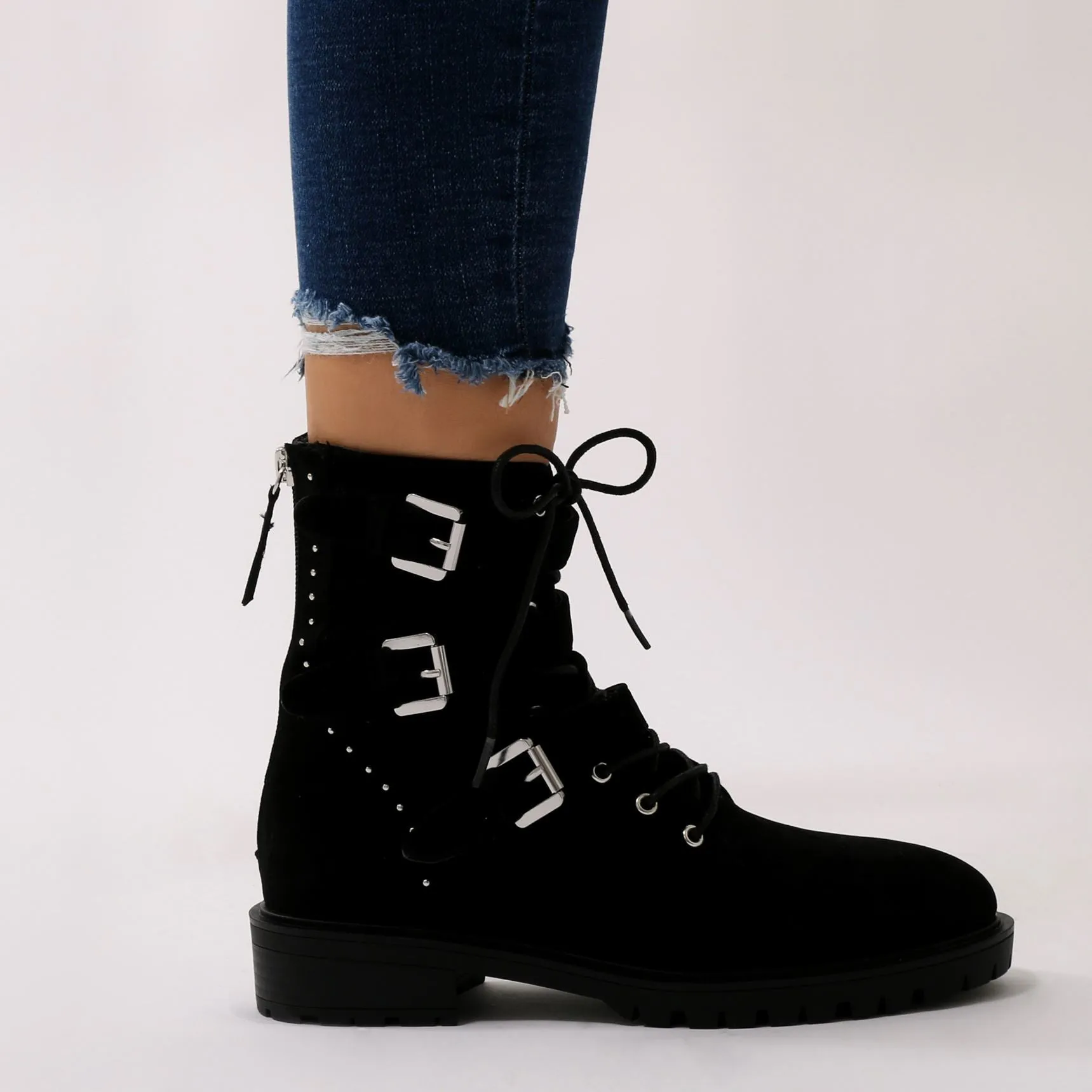 Bramble Buckled Biker Boots in Black Faux Suede