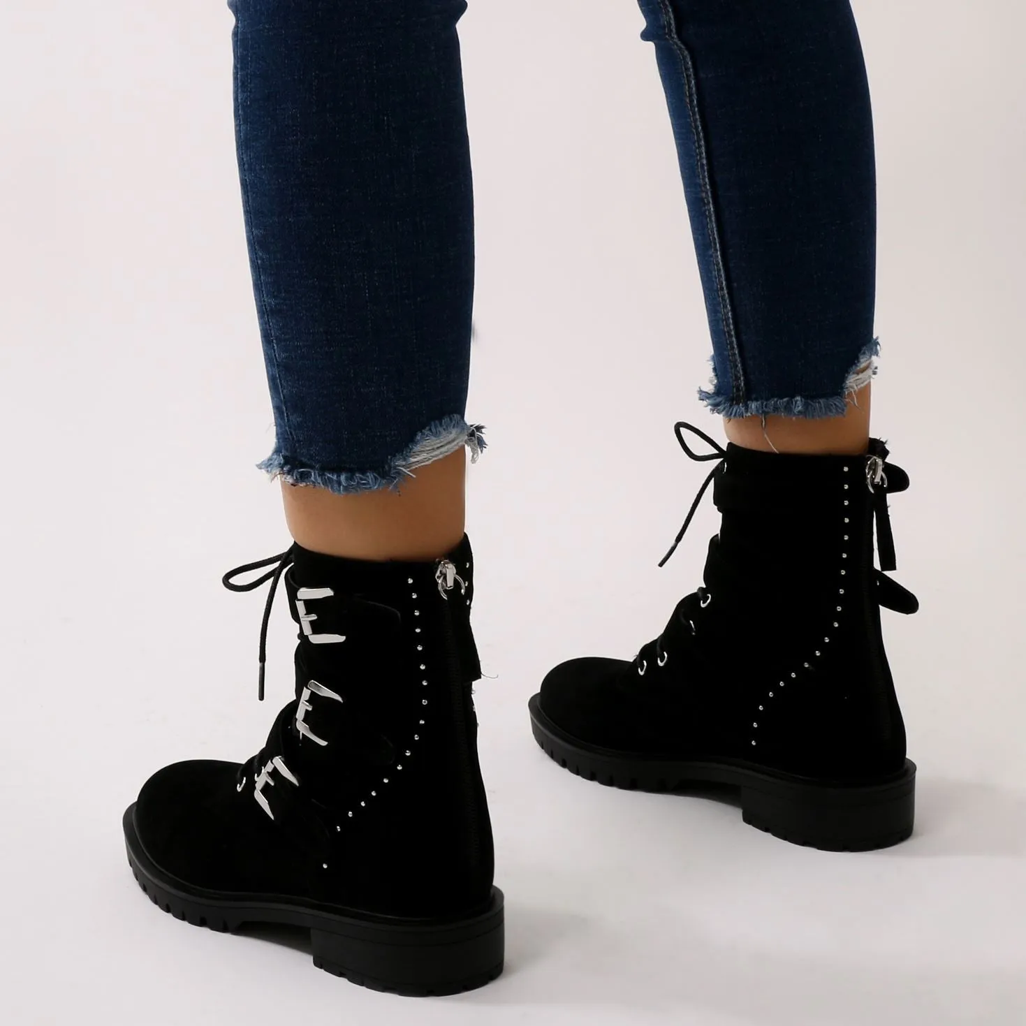 Bramble Buckled Biker Boots in Black Faux Suede