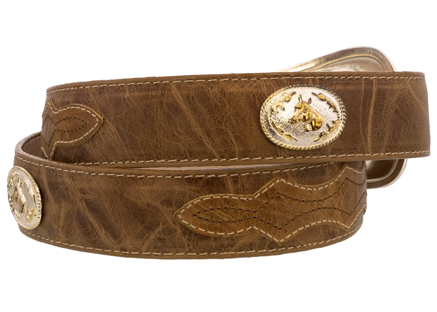 Brown Western Cowboy Leather Belt Horse Concho Cinto - Silver Buckle