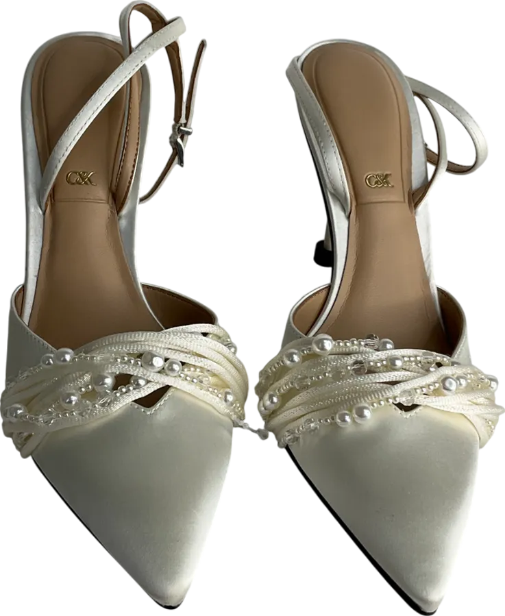 Charles & Keith White Leda Beaded Satin Ankle-strap Pumps UK 5 EU 38 👠