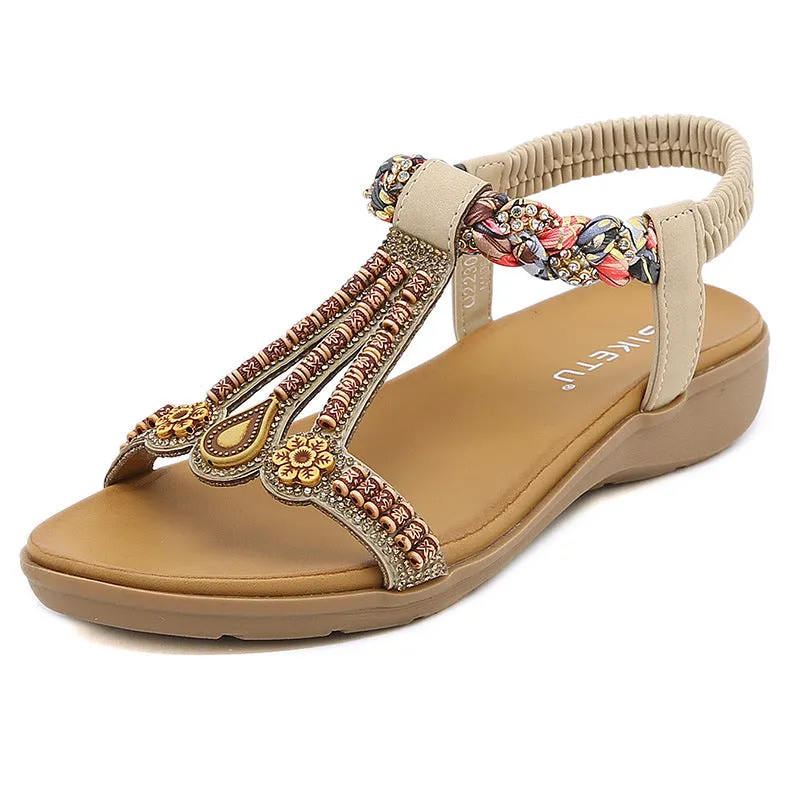 Cilool Elastic Band Bohemian Sandals Comfortable Beaded Sandals