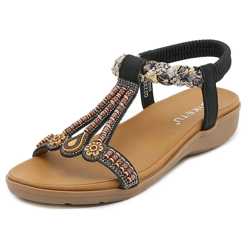 Cilool Elastic Band Bohemian Sandals Comfortable Beaded Sandals