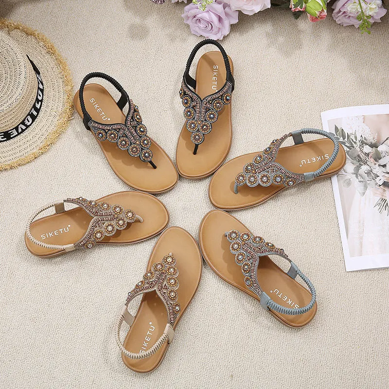 Cilool Leather Flip Flops Beaded Platform Female Bohemia  Slippers