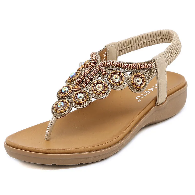 Cilool Leather Flip Flops Beaded Platform Female Bohemia  Slippers