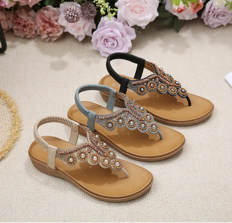 Cilool Leather Flip Flops Beaded Platform Female Bohemia  Slippers