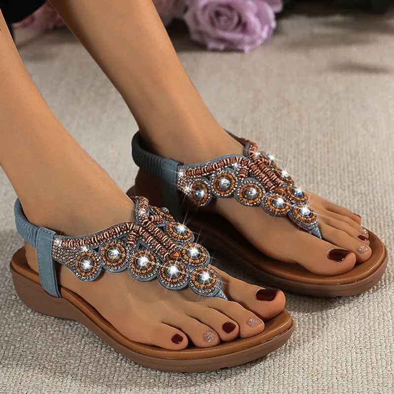 Cilool Leather Flip Flops Beaded Platform Female Bohemia  Slippers