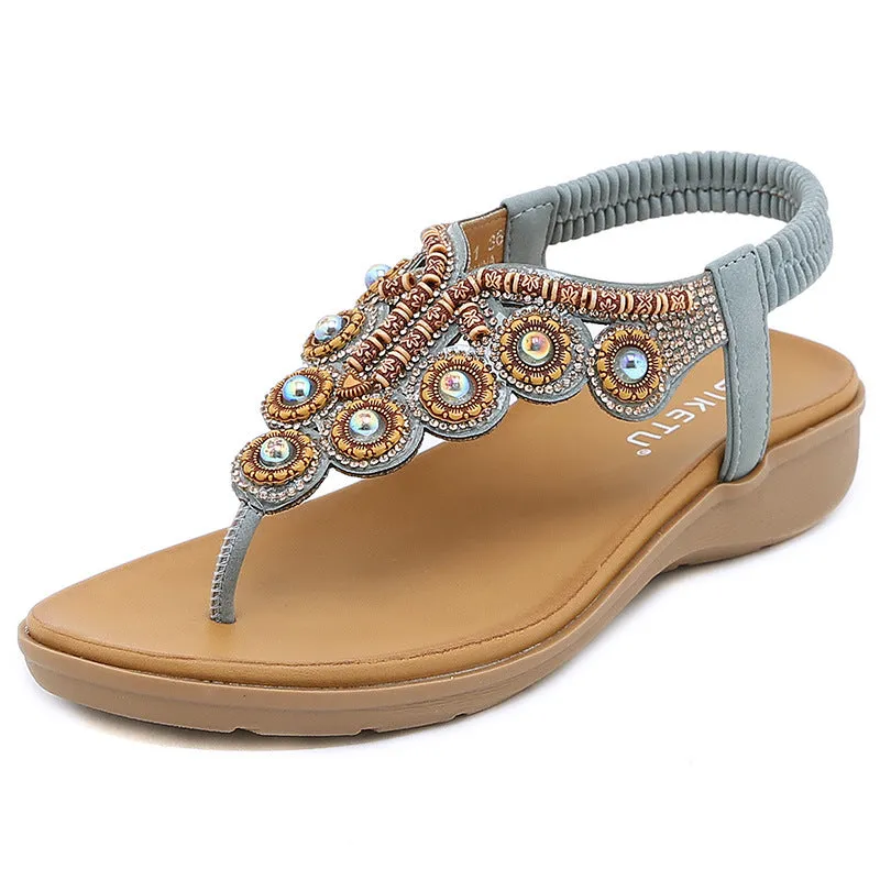 Cilool Leather Flip Flops Beaded Platform Female Bohemia  Slippers