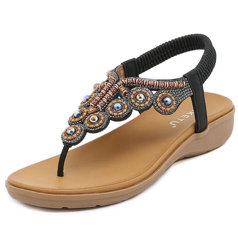 Cilool Leather Flip Flops Beaded Platform Female Bohemia  Slippers