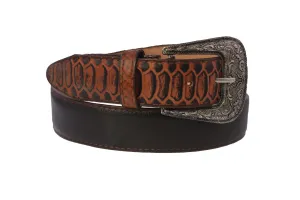 Cognac Western Belt Snake Print Overlay Leather - Removable Buckle