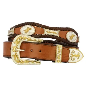 Cognac Western Cowboy Belt Concho Leather - Silver Buckle