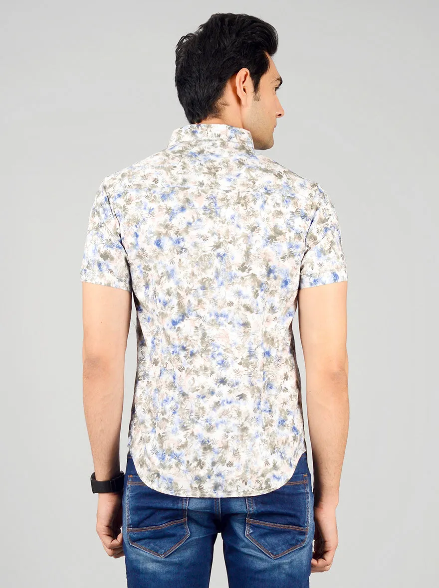 Cream & Blue Printed Slim Fit Casual Shirt | Greenfibre