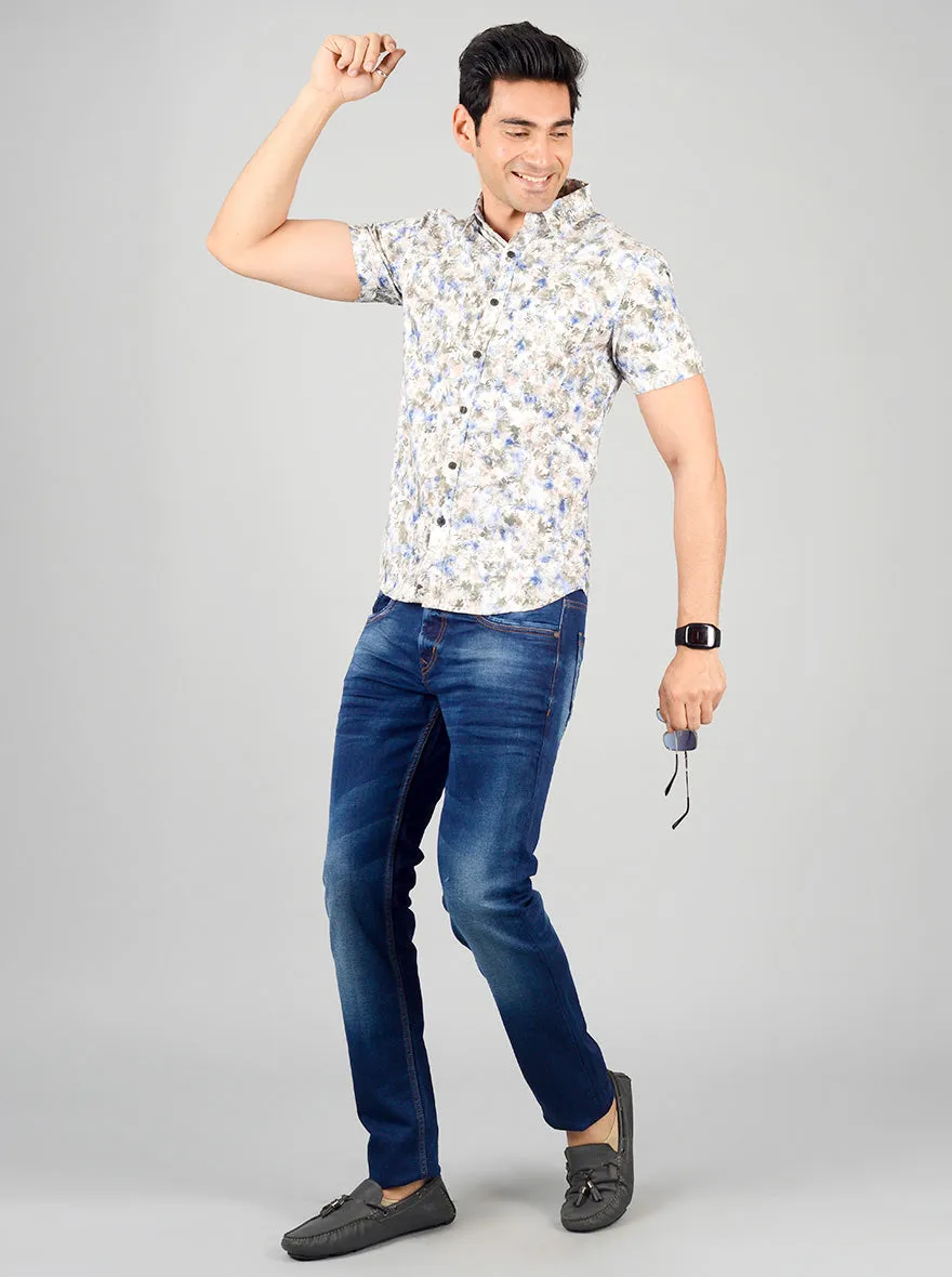 Cream & Blue Printed Slim Fit Casual Shirt | Greenfibre