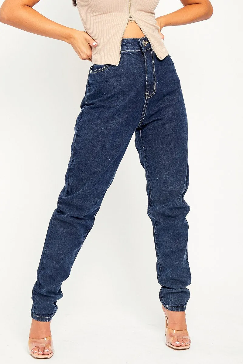 Dark Blue Acid Wash Mom Jeans - Demiya