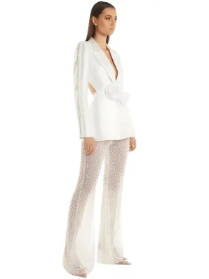 Designer Runway Fashion Women's Hollow Out Pearl Beaded Blazer & Gauze Pants