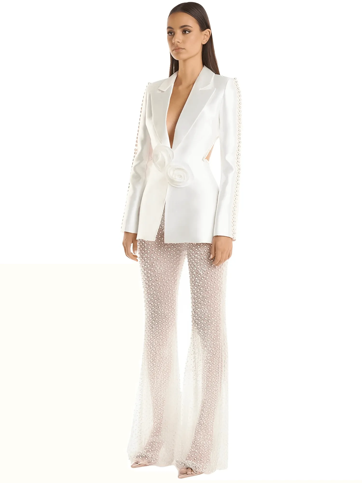 Designer Runway Fashion Women's Hollow Out Pearl Beaded Blazer & Gauze Pants