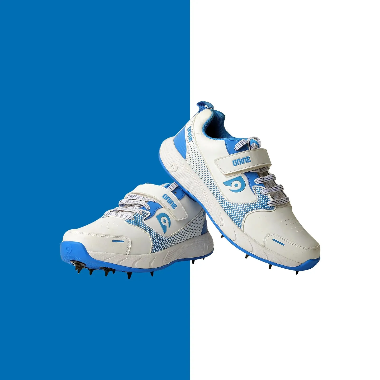 DNINE Polyurethane (PU) Force Blue/White Cricket Metal Spike Shoes