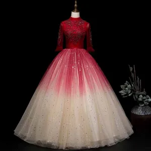 Fall/Winter Wedding Prom Red Gradient Long-sleeve Ball Gown Dress