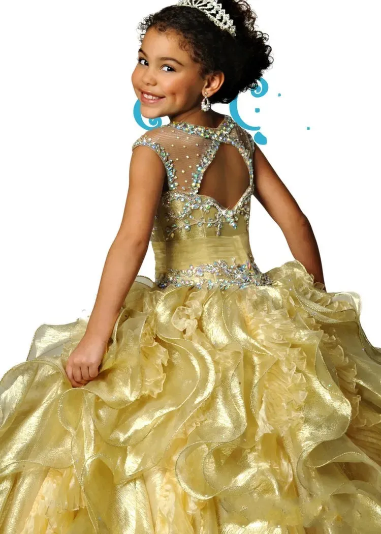 Famous Sheer Crew Neckline Organza Beaded Crystal Backless Ruched Girls Pageant Dresses Formal Kids Wear