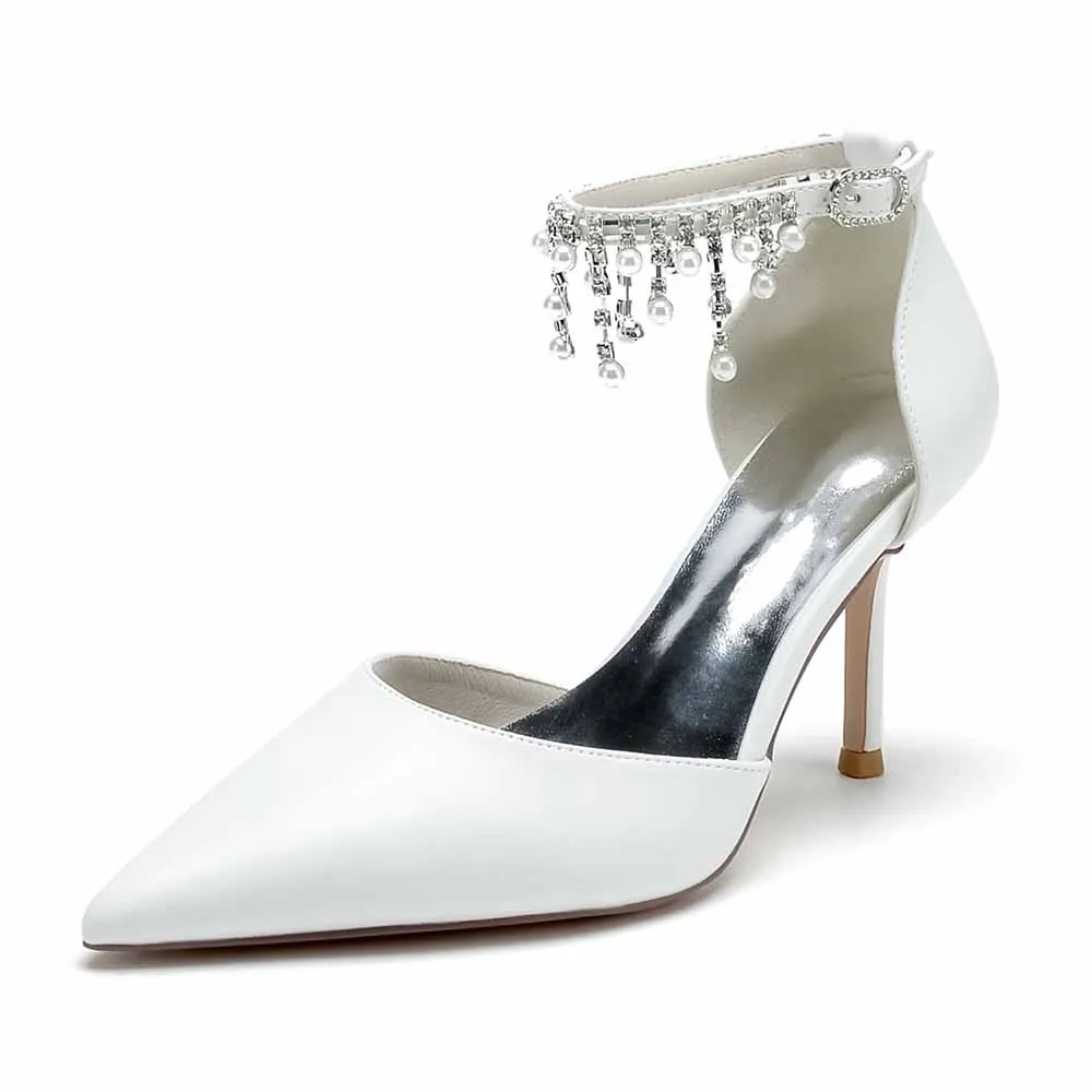 Faux Leather Pearl and Beaded Ankle Strap Pumps White Party Heel Shoes