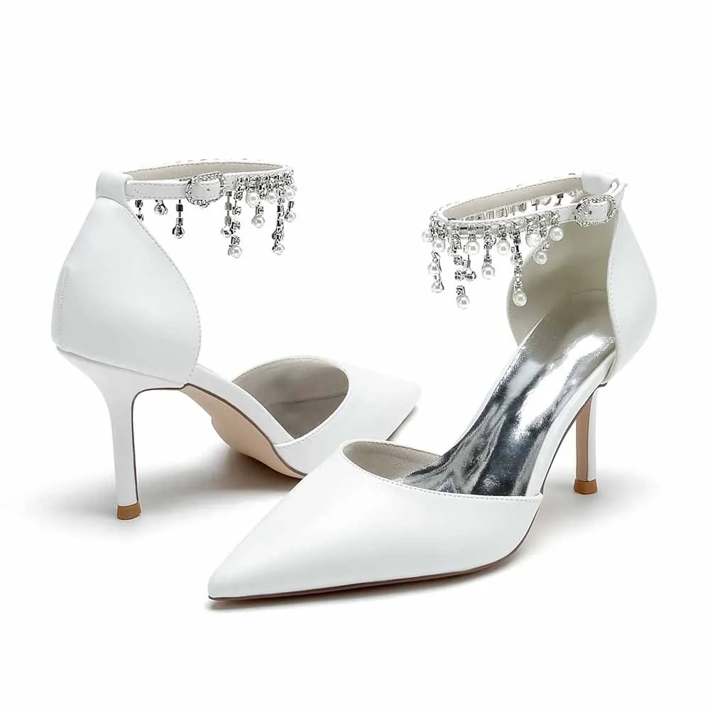 Faux Leather Pearl and Beaded Ankle Strap Pumps White Party Heel Shoes