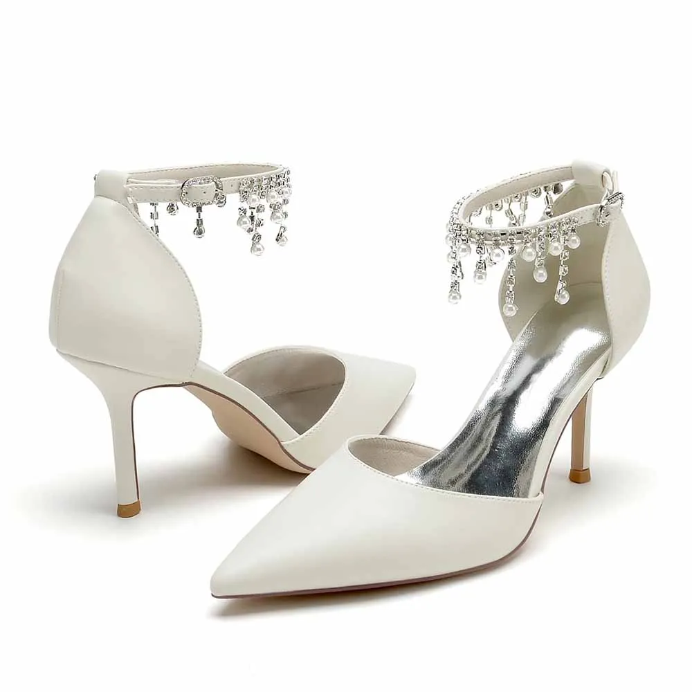 Faux Leather Pearl and Beaded Ankle Strap Pumps White Party Heel Shoes