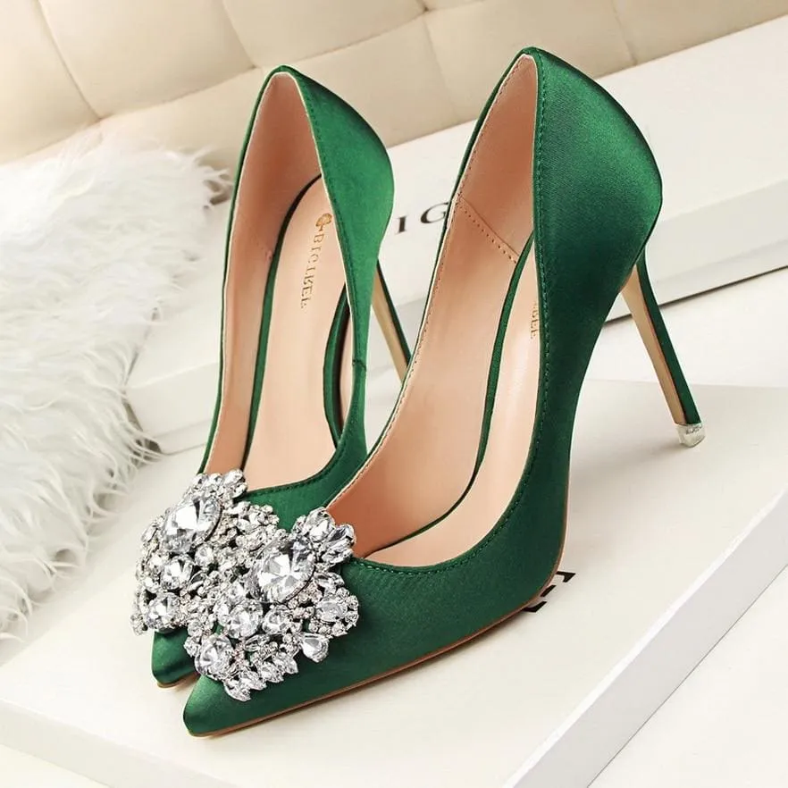 Faux Silk Satin Rhinestone Crystal Shallow Women High Heels