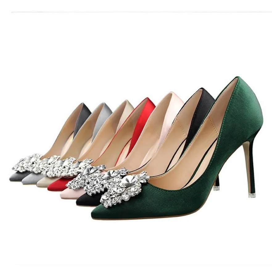 Faux Silk Satin Rhinestone Crystal Shallow Women High Heels