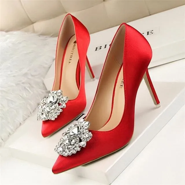 Faux Silk Satin Rhinestone Crystal Shallow Women High Heels