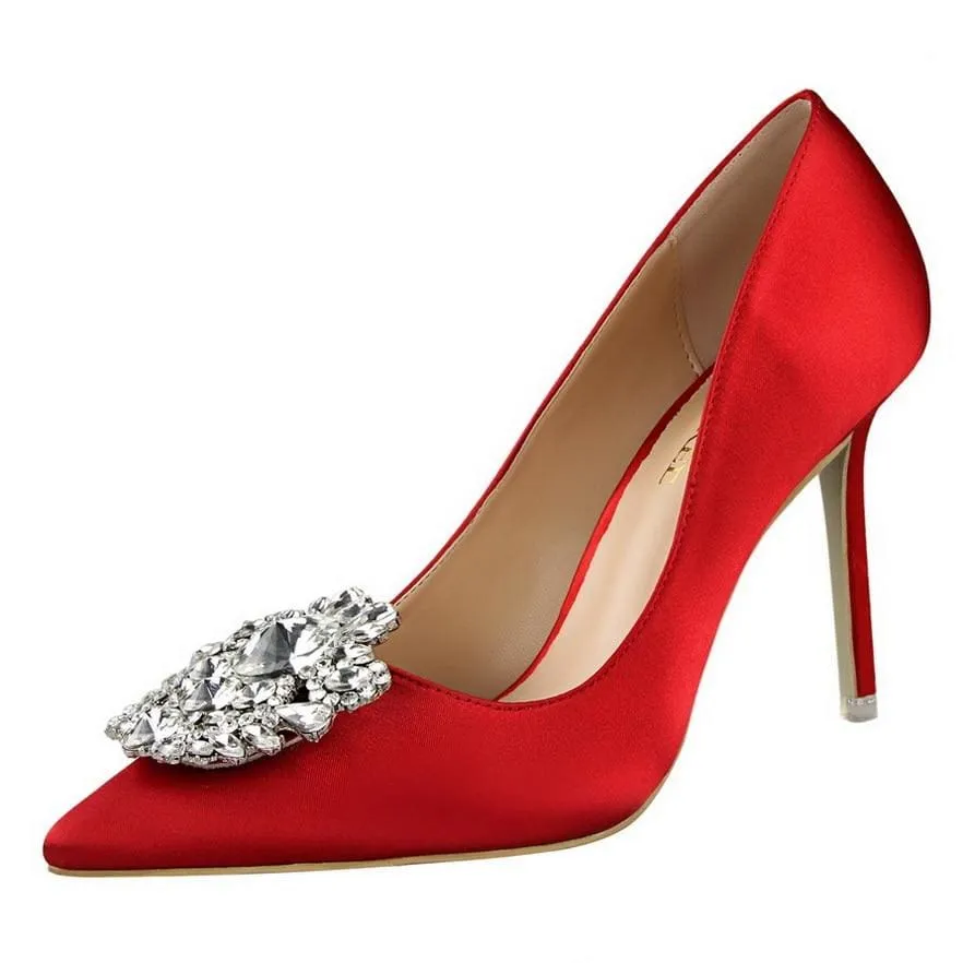 Faux Silk Satin Rhinestone Crystal Shallow Women High Heels